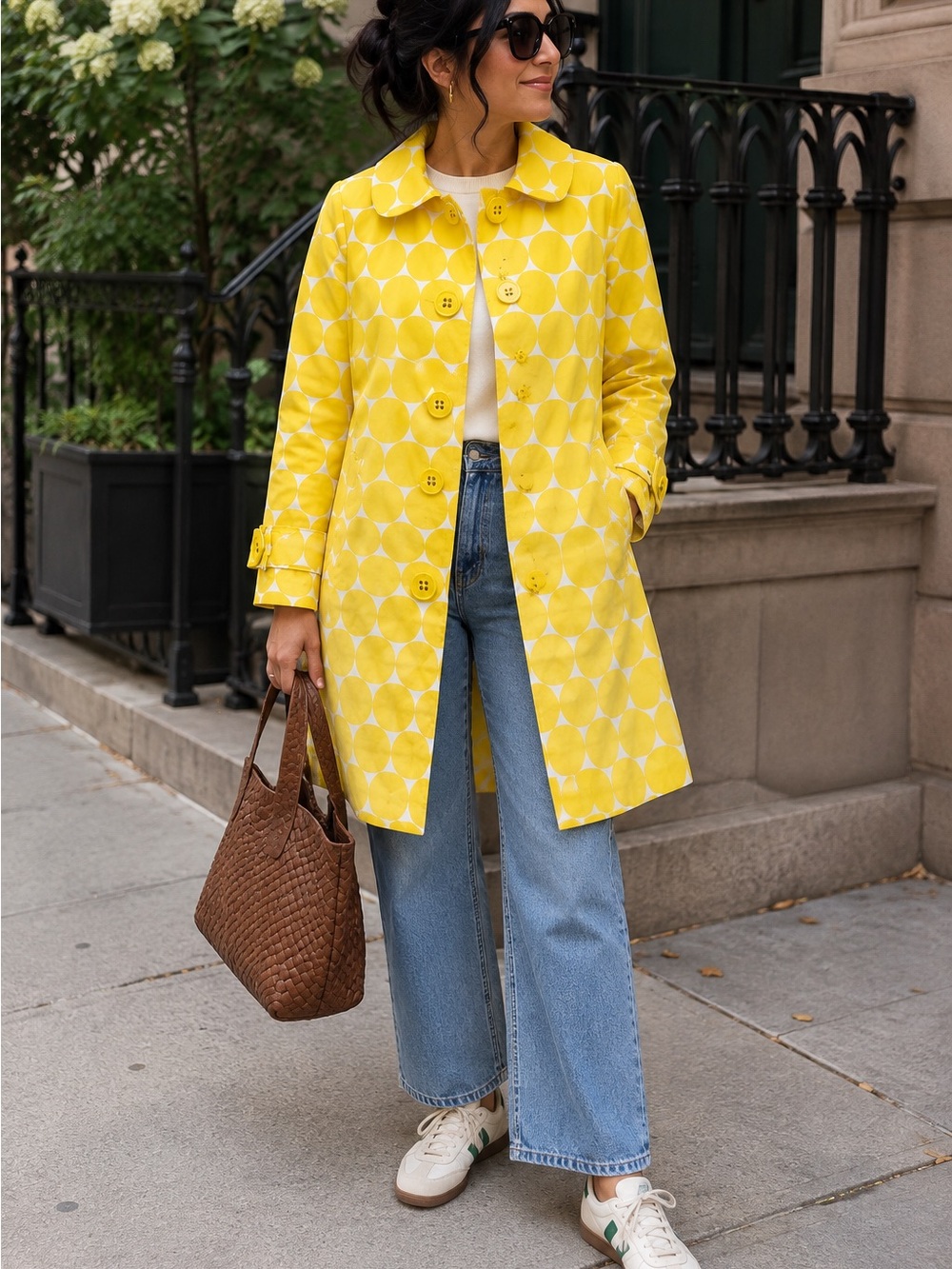 Boden Yellow Polka Dot Hooded Raincoat Trench Coat US 8 UK 12
